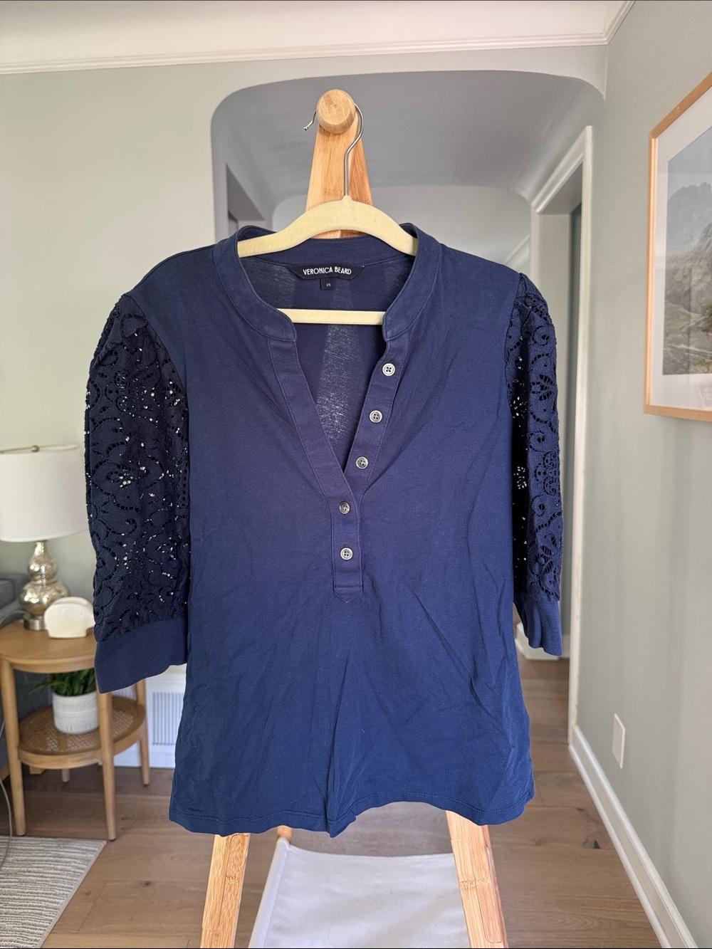 Veronica Beard Navy Eyelet-Sleeve Henley Tee